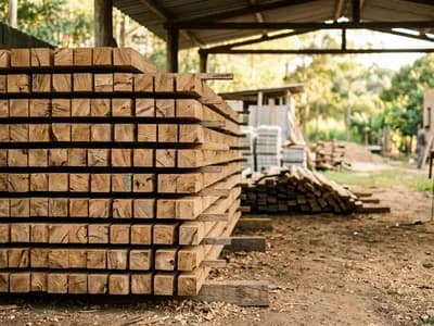 Pilha de caibros de eucalipto serrados, apoiados em calços, em área coberta