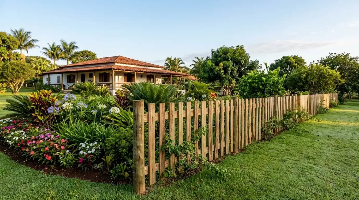 Cerca de jardim com postes de eucalipto e ripas de madeira na vertical diante de casa de campo