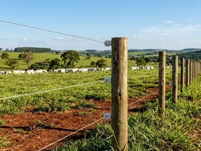 Cerca elétrica rural com mourões de eucalipto tratado e isoladores brancos