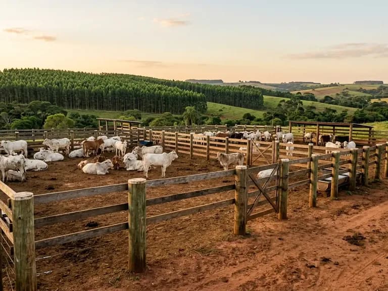 Curral de eucalipto tratado com esteios e tábuas em fazenda do interior paulista