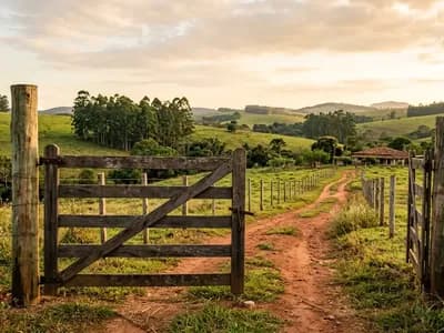 Porteira de madeira com travessa diagonal entre esteios de eucalipto tratado na entrada de uma propriedade rural