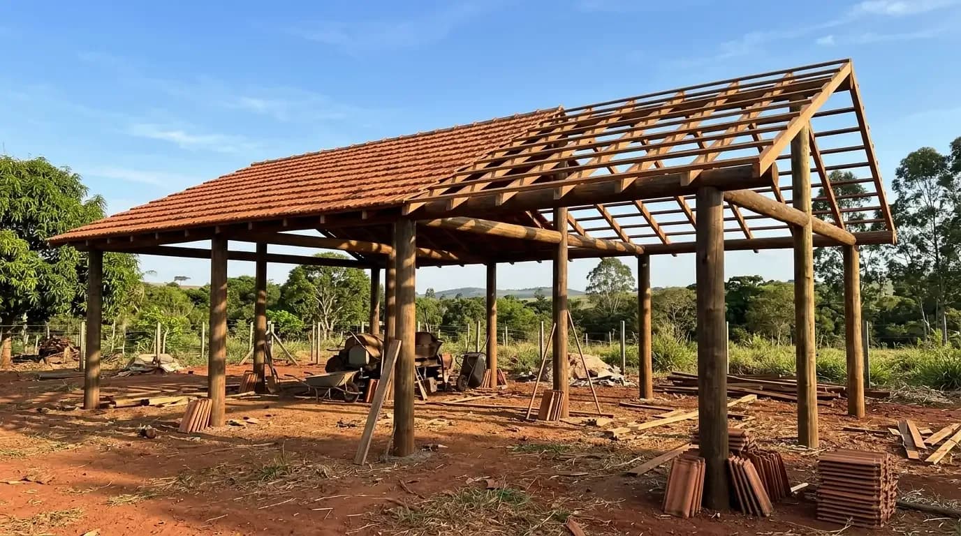 Estrutura de telhado com pilares e vigas de eucalipto roliço, parte já coberta com telha cerâmica