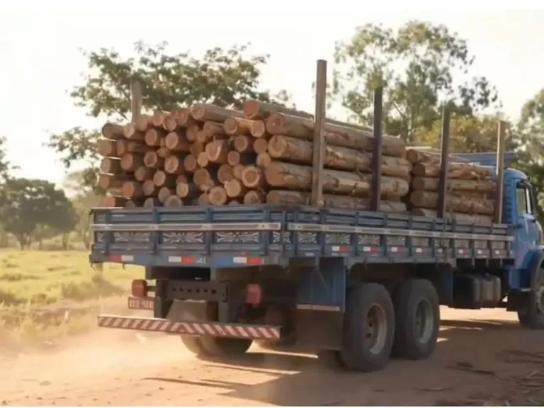 Caminhão carregado com toras de eucalipto em estrada rural