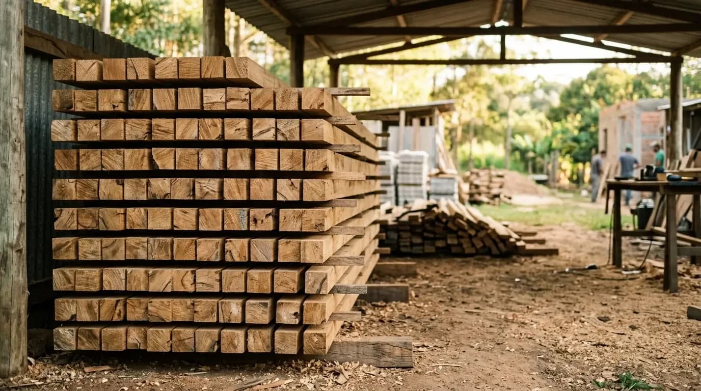 Pilha de caibros de eucalipto serrados, apoiados em calços, em área coberta