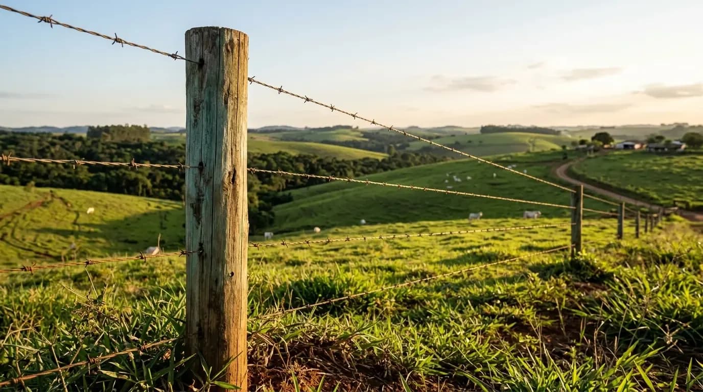 Cerca de arame farpado em mourões de eucalipto tratado em pasto