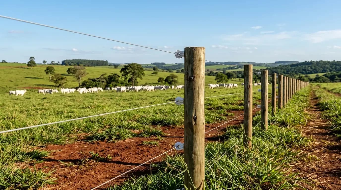 Cerca elétrica rural com mourões de eucalipto tratado e isoladores brancos