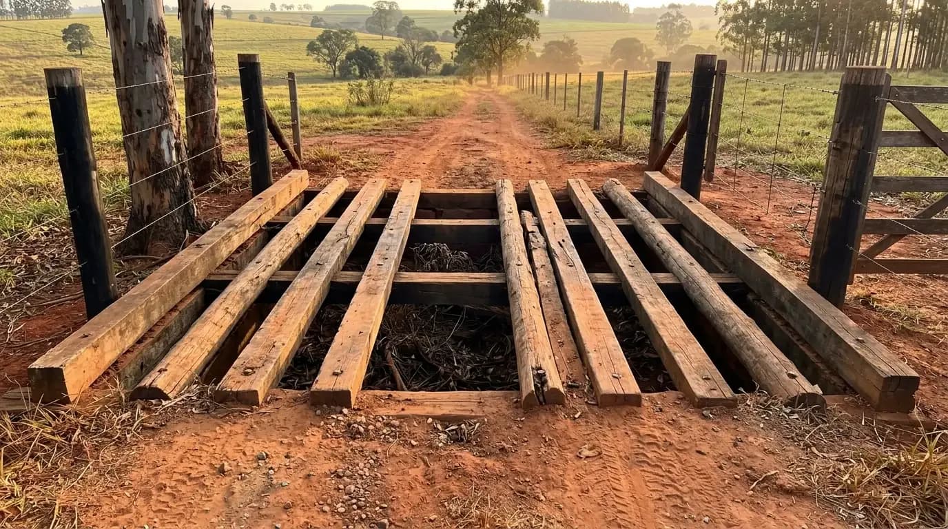 Mata-burro de madeira com travessas sobre vala em estrada de terra de fazenda