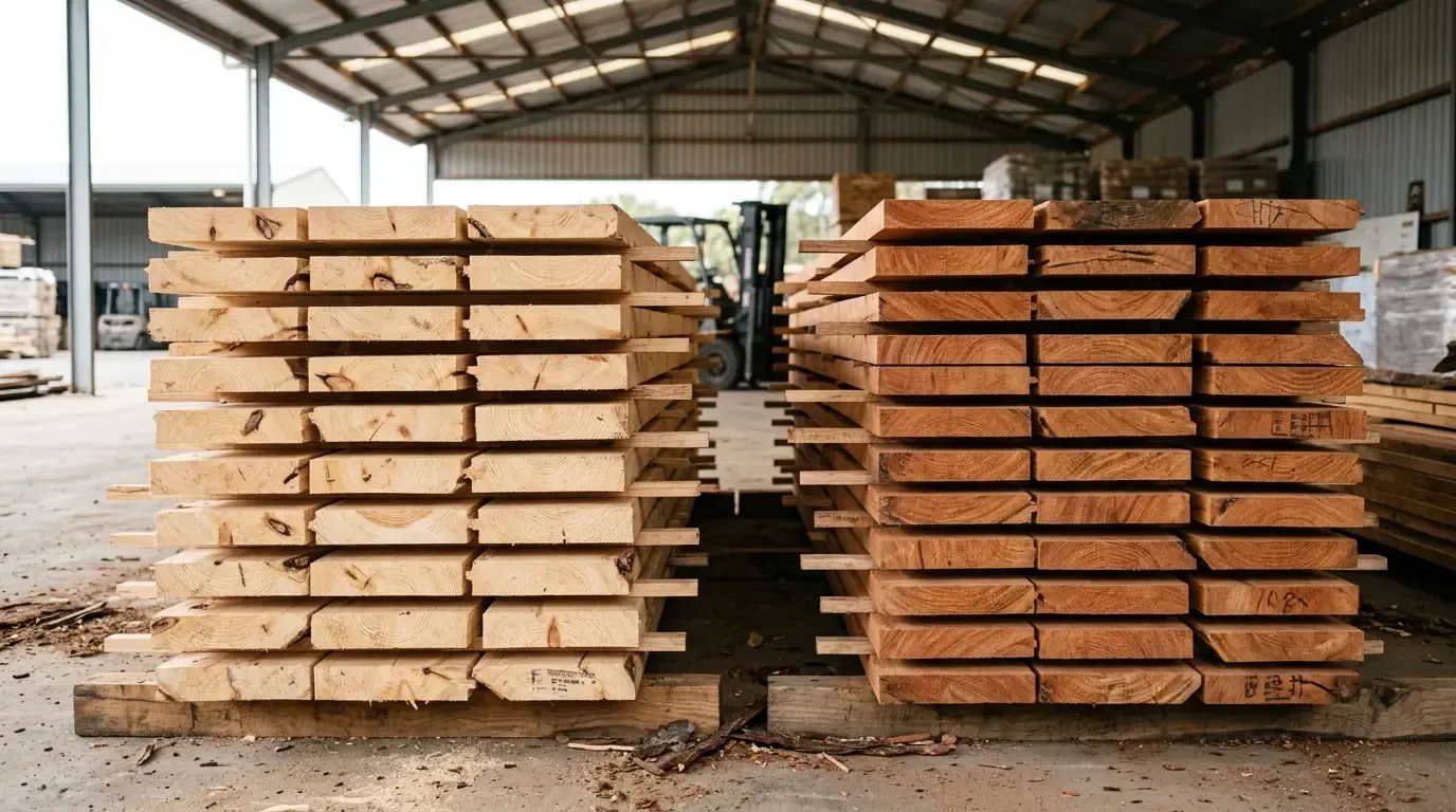 Pilha de tábuas de pinus ao lado de pilha de tábuas de eucalipto em depósito coberto